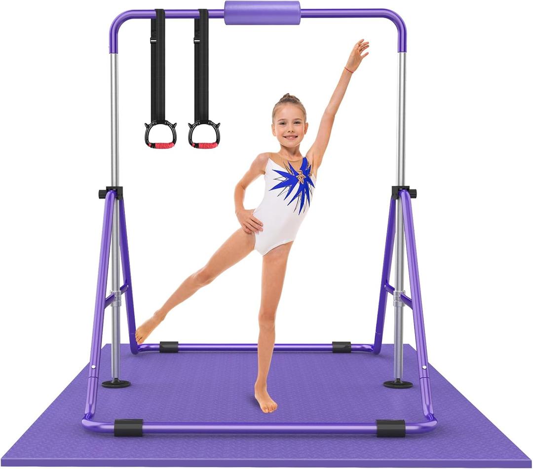 Gymnastic Bars for Kids with Adjustable Height, Folding Gymnastic Training Kip Bar, Junior Expandable Horizontal Monkey Bar for Home (Purple with Mat)