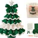 DIY Crochet Christmas Tree Kit – Handmade Holiday Decoration Set, Parent-child activities craft kit, Tree Bow Pearl Embellishment, Cross-stitch by hand, Festive decorations (Multicolour) (Green & White)