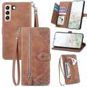 for Samsung Galaxy S21 5G Phone Case Wallet for Women,Emboss PU Leather Cover Magnetic Wrist Strap Zipper Card Holder Flip Protective Case (Brown)