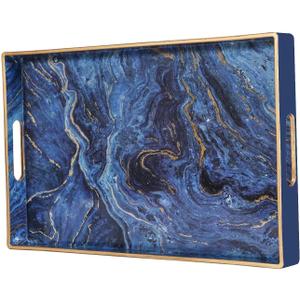 Zosenley Plastic Serving and Decorative Tray with Handles for Ottoman, Coffee Table, Bathroom Vanity, Blue Marble Rectangular Tray for Countertop and Kitchen, 15.6 x 10.2 Inches