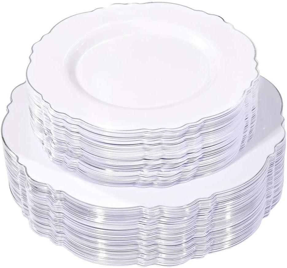 WDF 100pcs Silver Plastic Plates - High-end Baroque Design - Heavy Duty White &Silver Plates for Upscale Parties &Wedding