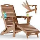 Ciokea Folding Adirondack Chair with Retractable Ottoman Fire Pit Patio Chair with Pull Out Foot Rest Weather Resistant Lawn Outdoor Lounge Chair with 2 Cup Holder (Teak)