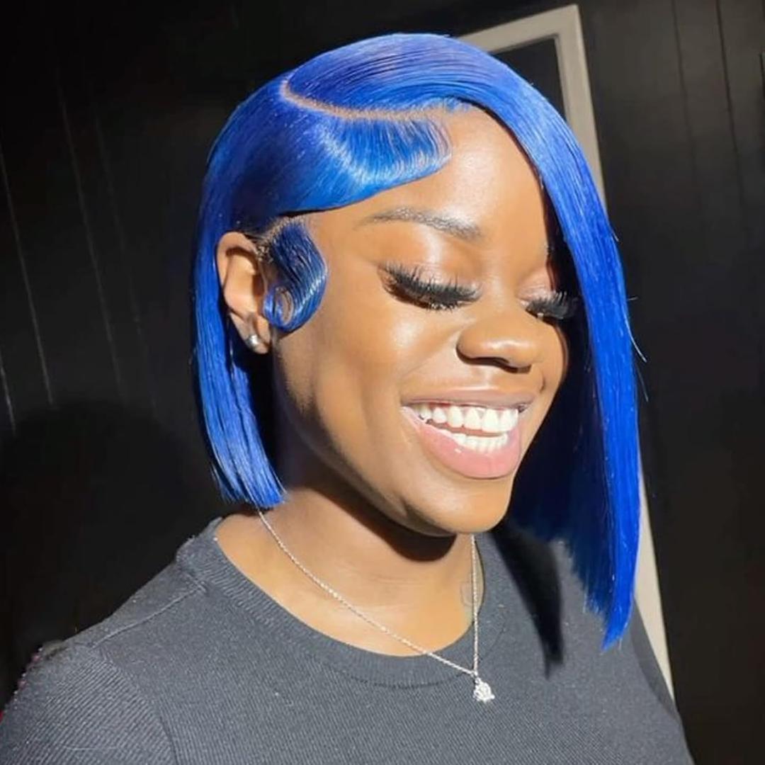 13x6 Blue Bob Wig Human Hair Short Straight Lace Front Wig Pre Plucked 180 Density Transparent Lace Frontal Colored Wigs for Women 10 Inch