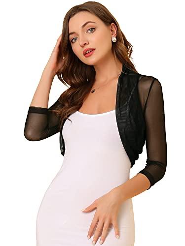Allegra K Women's 3/4 Sleeve Sheer Mesh Shrug Open Front Cropped Bolero Cardigan XX-Large Black