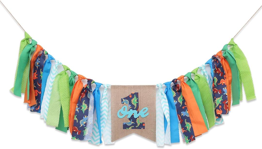 Boy Dinosaur Banner - Highchair, Party Decorations, Baby Boy 1st Birthday Bunting, Wreath, Cake Smash Party Supplies - Glitter Green Felt 1 Birthday Hat
