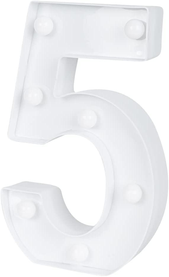 Restaurantware Illumify 7.1 x 1.2 x 8.7 Inch Light Up Number 1 Durable Marquee LED Light - Number 5 Touchproof White Plastic Party Light Keyhole Slot For Parties Weddings Or Special Events