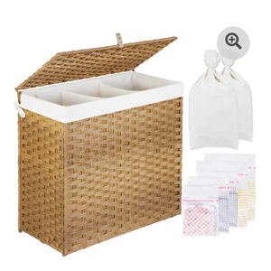 Greenstell Laundry Hamper with Lid, 125L Large Clothes Hamper with 3 Section & 2 Section Removable Liner Bags & 5 Mesh Laundry Bags, Handwoven Synthetic Rattan Divided Laundry Basket