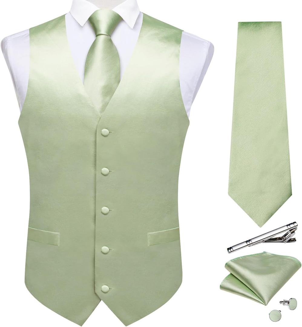 DiBanGu Men's Satin Suit Vest & Tie Set 5PCS Solid Color Dress Waistcoat for Suit or Tuxedo Wedding Party (XL)