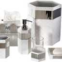 Creative Scents Quilted Mirror White Bathroom Accessories Set - Decorative 6 Piece Bathroom Set Includes: Trash Can, Tissue Box Cover, Soap Dispenser, Toothbrush Holder, Tumbler & Soap Dish