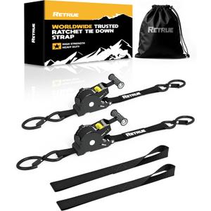 RETRUE Heavy Duty Self-Retracting Ratchet Straps, 10 Feet Retractable Ratchet Tie Down Straps with 1,500lb Break Strength for Trailers, Motorcycles, ATVs, Moving, Cargo Handling & More, Black (2 Pack)