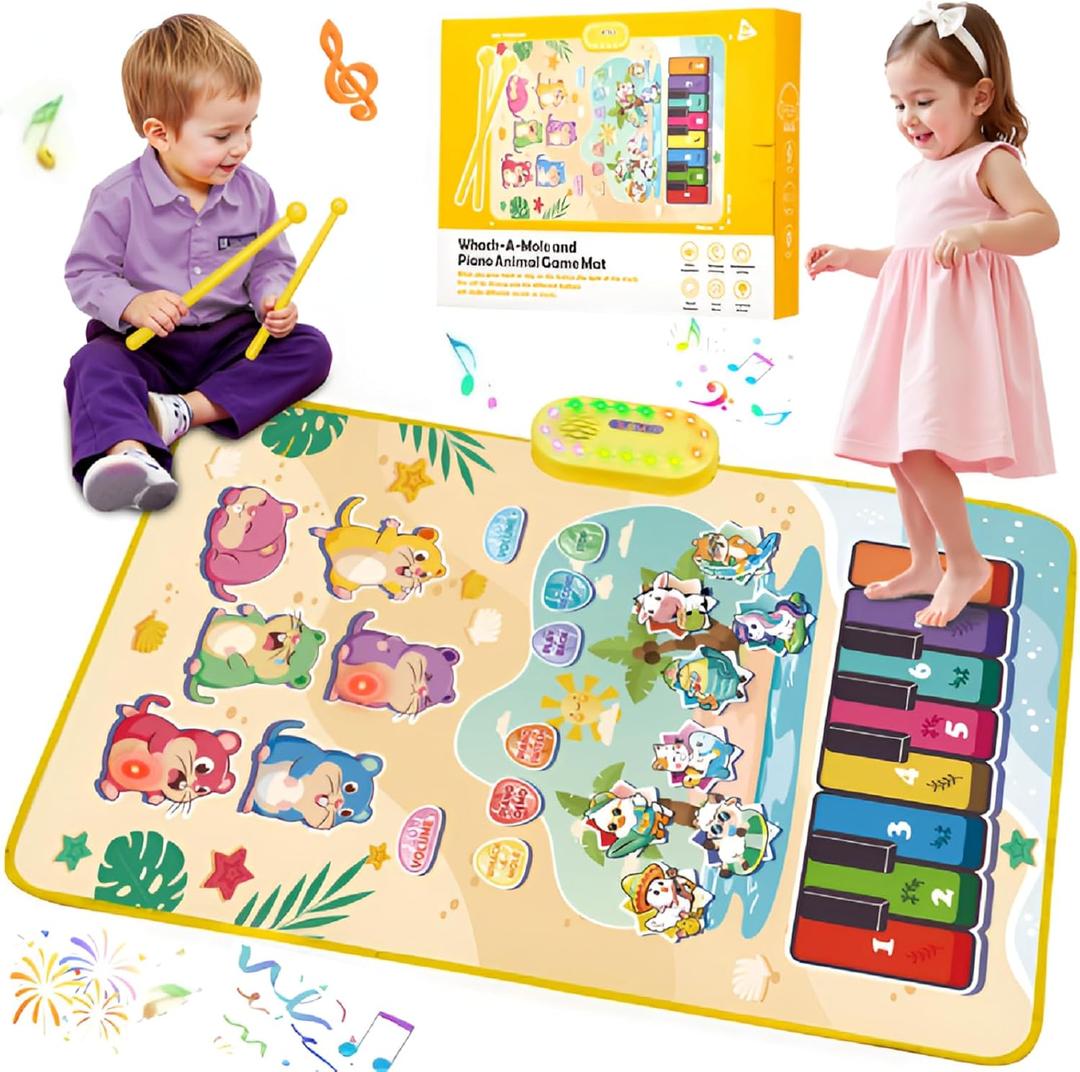 3-in-1 Musical Mat Toys for Toddlers, Led Light Up Mole Bashing & Piano Keyboard & Animal Sounds with 2 Drum Sticks,Early Educational Musical Learning Toys, Birthday Gifts for 3+ Boys & Girls