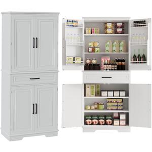 72 Inch High Kitchen Pantry Storage Cabinet, Cupboard Storage Cabinet with 1 Drawer, 2 Cabinets, 3 Adjustable Shelves, 4 Door Shelves, Freestanding Cupboard for Dining Room Living Room, Kitchen (White)