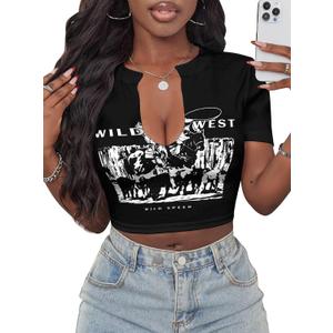 Hilinker Women's Sexy Graphic Crop Tops Short Sleeve V Neck T Shirts Summer Tees (Black, M)