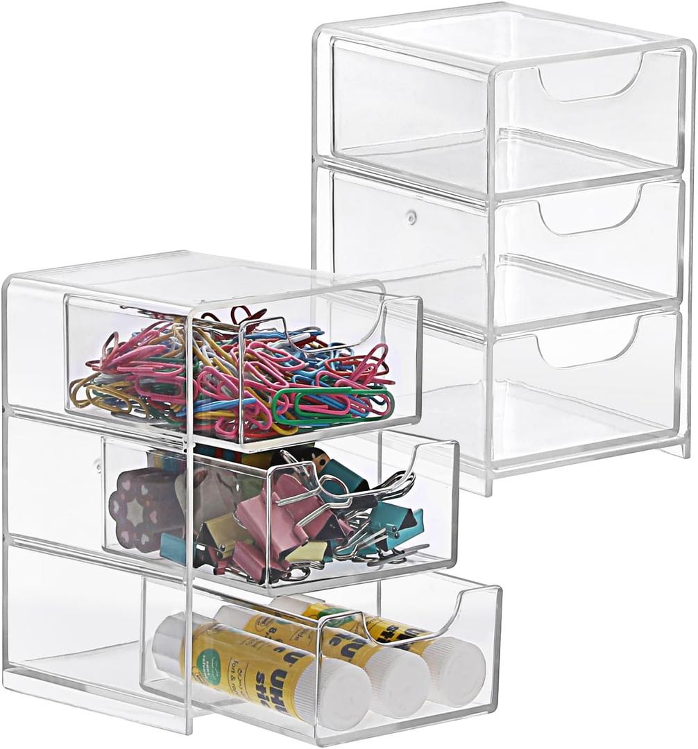 BTSKY 2 Pack Small Acrylic Storage Organizer with Drawers, 3-Layer Clear Desktop Organizer for Office Supplies Mini Storage Box with Drawers for Desk, Desktop Makeup Drawer Jewelry Storage Box
