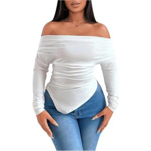 SweatyRocks Women's Long Sleeve Off The Shoulder Asymmetrical Ruched Slim Fit T Shirt Top (White, M)