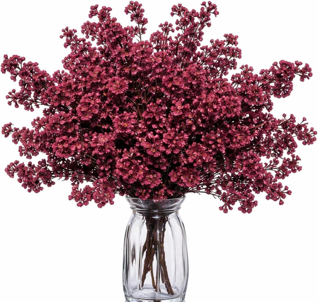 Giegxin 24 Pcs Babys Breath Silk Artificial Flowers Red Faux Flower 19.6 Inch Gypsophila Bouquets Bulk Burgundy Real Touch Floral for Vase Spring Decoration Home Office Table Centerpiece, Wine Red