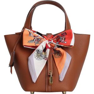 Genuine Leather Bucket Bag with a Scarf for Women Handbag tote bag with metal clasp, market tote bag