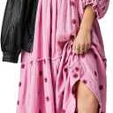 ABYOVRT Women Floral Embroidered Maxi Dress Long Puff Sleeve Square Neck Bohemian Flowy Dress with Pockets Summer Fall (Small, Pink)