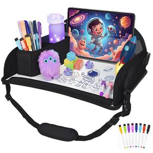 Upgraded Kids Travel Tray for Airplane - Toddler Car Seat Table Tray, Road Trip Essentials for Boys & Girls, Carseat Lap Desk for Kids Road Trip Activities, Black