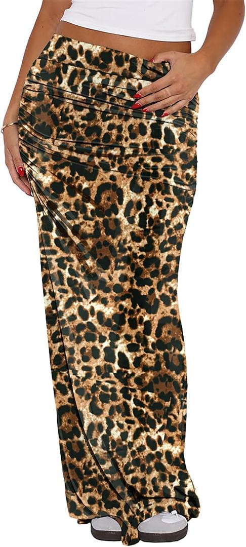 Hafailia Women's Casual Maxi Skirt Ruched Bodycon Long Skirts Y2K Brown (Brown, M)