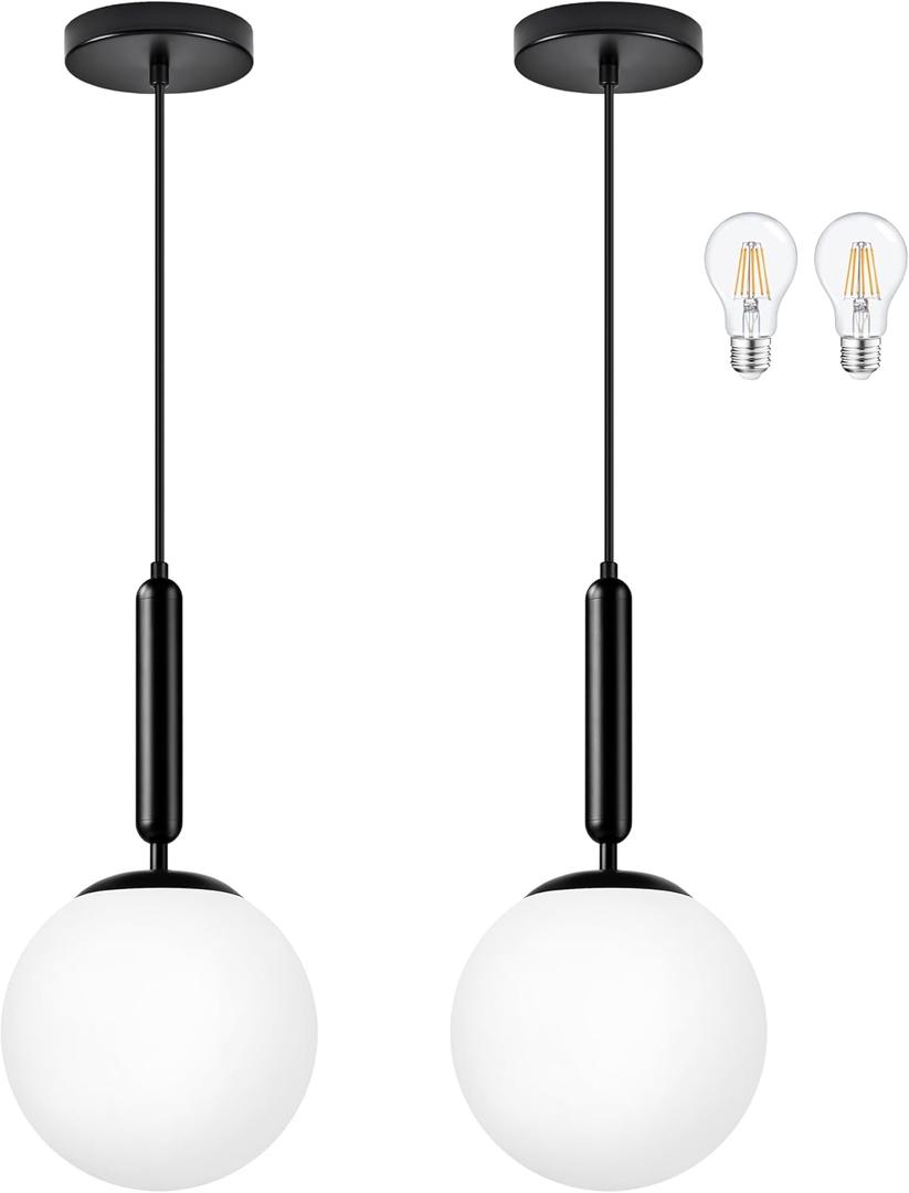 8" Black Modern Globe Pendant Light 2 Pack Mid Century Pendant Lights with Milky White Glass Hanging Light Fixture for Kitchen Island Dining Room Bedroom Living Room Entryway(Bulbs Incl.)