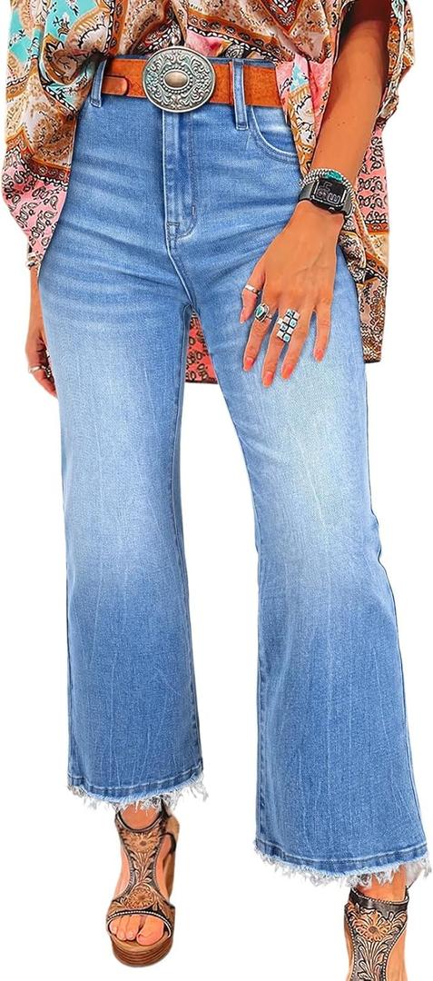 Astylish Womens High Waisted Jeans Stretchy Flared Straight Leg Loose Trendy Raw Hem Denim Pants, 10, Ashleigh Blue