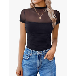 Avidlove Women's Short Sleeve Bodysuit Turtle Neck Body Suits Mesh One Piece Leotard Going Out Tops Date Outfits Size L