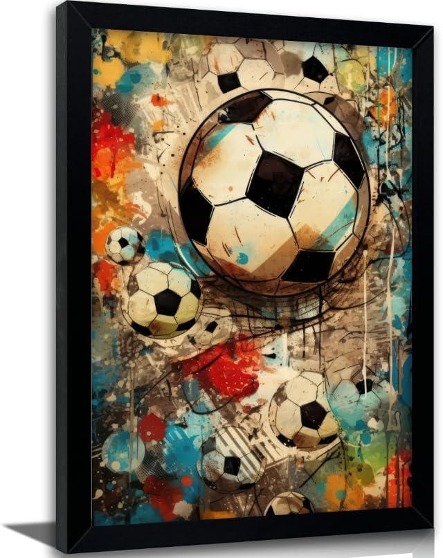Framed Graffiti Soccer Ball Wall Art, Trendy Colorful Sports Canvas Print, Abstract Football Poster Artwork, Modern Street Art Wall Decor for Boys Bedroom Bar Living Room, 16"L x 24"W