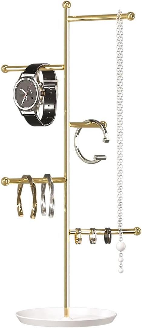 5 Tier Jewelry Organizer Holder,Tabletop Hanging Necklace And Bracelet Display Stand For Women, Cute Bracelet Closet Storage Tree Rack For Girls,Ring Accessories Organizer Towers (Golden)