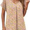 QUEZHU Women Tops Dressy Casual V Neck Chiffon Short Sleeve Blouse Loose Flowy Work Shirts, Yellow F Pink, Medium