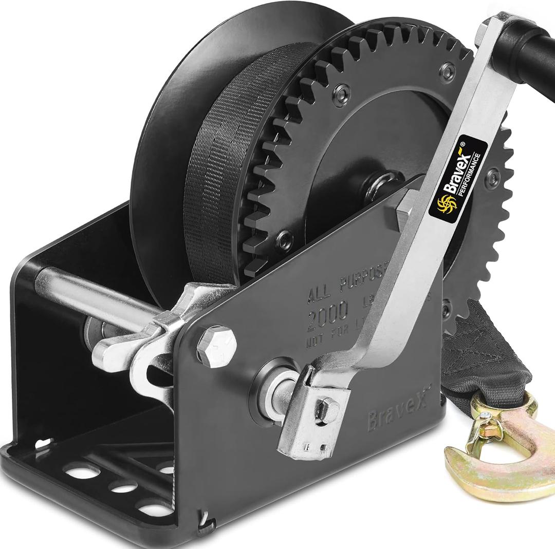 2000lbs Capacity Heavy Duty Boat Trailer Winch, Crank Strap Gear Winch with 20 Feet Wear-Resistant Strap, Manual Operated Two-Way Ratchet Portable Hand Winch for Boat ATV RV Trailer Marine