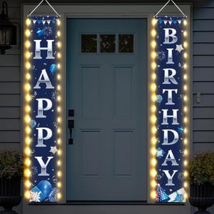 Breling Happy Birthday Banner with Lights 71 x 12 Inch LED Happy Birthday Decoration Door Banner Party Porch Sign Outdoor Indoor Hanging Supplies for Women Men(Blue Silver)