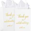 DjinnGlory 50 Pack Small-Size Gold Foil 'Thank You for Celebrating with Us' Paper Gift Bags with White Tissue Paper for Wedding Bridal Shower Parties, Wecome Gift Bags, 9 x5.5x3.15 Inch
