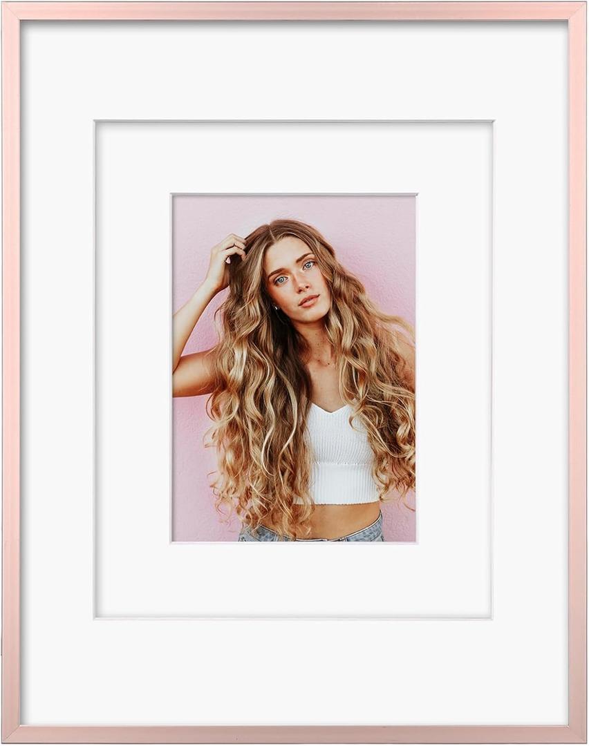 Egofine 11x14 Aluminum Picture Frame Display with Mats for 5x7/ 8x10 or 11x14 without Mat, Metal Picture Frame Covered by Plexiglass for Tabletop and Wall Mounting, 1 Pack, Rose Gold