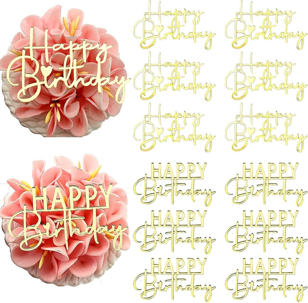 Happy Birthday Cake Topper, Gold Mirror Acrylic, 12 Pieces, Cupcake Party Decorations