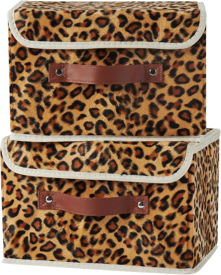 2PCS Storage Bin with Lid Leopard Print Cute Velvet Fabric Storage Basket Box Faux Leather Handles PP Plastic Board Foldable Washable Lidded Closet Shelf Organizer Container (Small Size) 2PCS Storage Bin with Lid Leopard Print Cute Velvet Fabric Storage Basket Box Faux Leather Handles PP Plastic Board Foldable Washable Lidded Closet Shelf Organizer Container (Small Size)