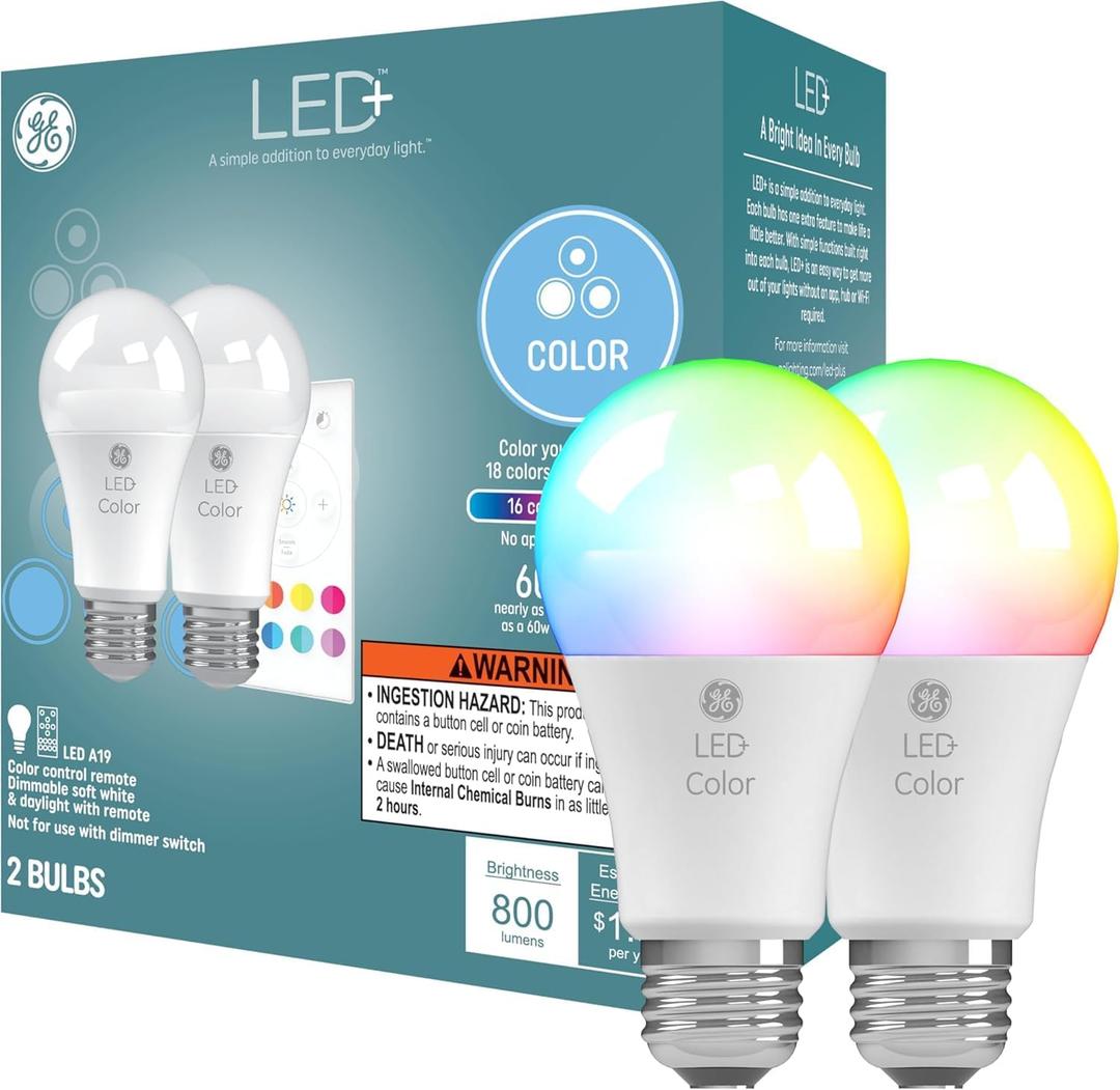 GE LED+ Color Changing LED Light Bulbs with Remote, No App or Wi-Fi Required, A19 Standard Bulbs (2 Pack) (2 Bulbs)