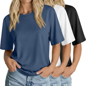 3 x Huukeay 3 Pack Women's Half Sleeve T-Shirts, Crew Neck Elbow Length Tops Loose Casual Basic Tees Summer Tunic Tops (S)