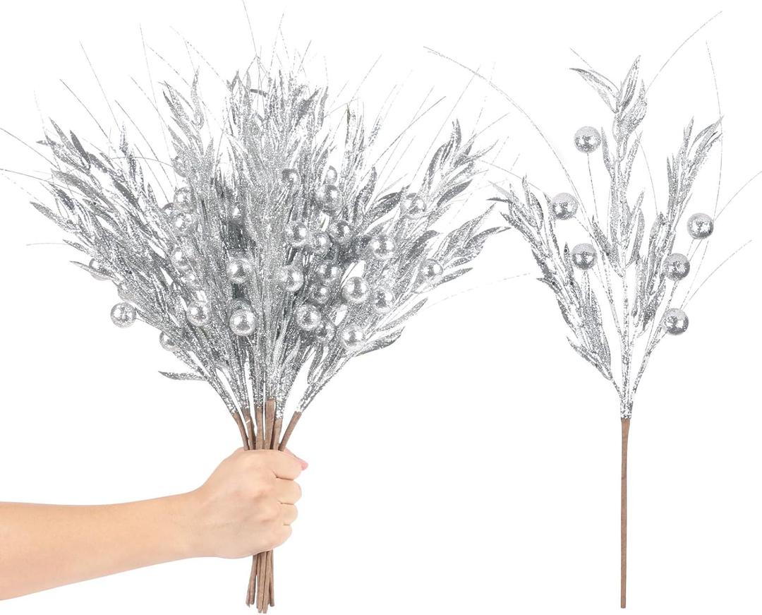 RoseCraft 10PCS Christmas Tree Decorations, Artificial Glitter Berry Stems Branches, for Christmas Tree Ornaments Picks Twigs Xmas Vase Filler Home Wedding Holiday Winter Decor. (Silver)