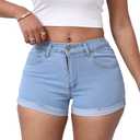 Women's Casual Stretchy Denim Shorts High Waisted Folded Hem Jeans Shorts (L)
