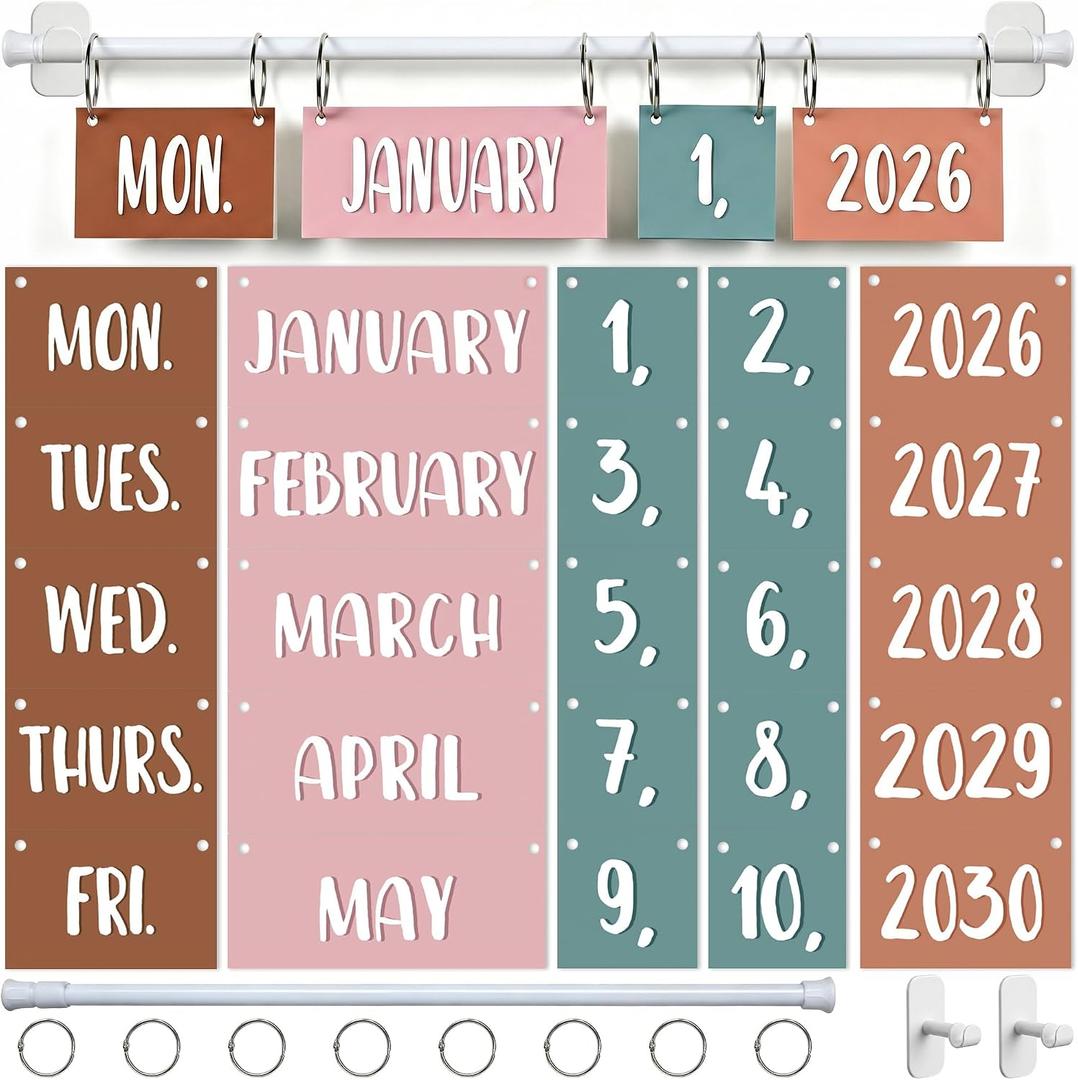 Magnetic Flip Calendar Bulletin Board BOHO Flip Calendar for Classroom Decoration with Magnetic Adjustable Holder and 2026 to 2030 Years Date Cards for Back to School Home Decor Teacher Supplies
