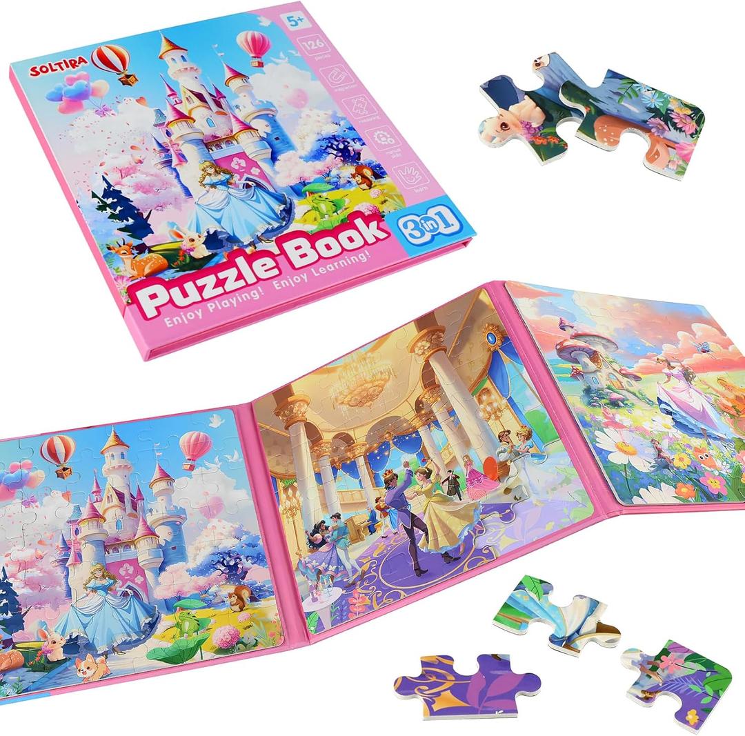 Puzzles for Girls 5-8 Princess Themes(Castle/Ball/Elf, 3 * 42PCS) Large Size Magnetic Puzzles for Girls 5-6 Travel Activities for Kids, Birthday Presents for Girl 5 6 7 8 Years Old