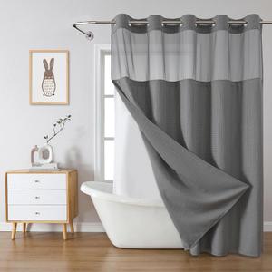 Grey No Hook Waffle Weave Shower Curtain with snap-in Liner Replacement, 230GSM Waterproof Fabric Hotel Shower Curtain Set for Bathroom, Through Mesh Top Window, 71W x 82H