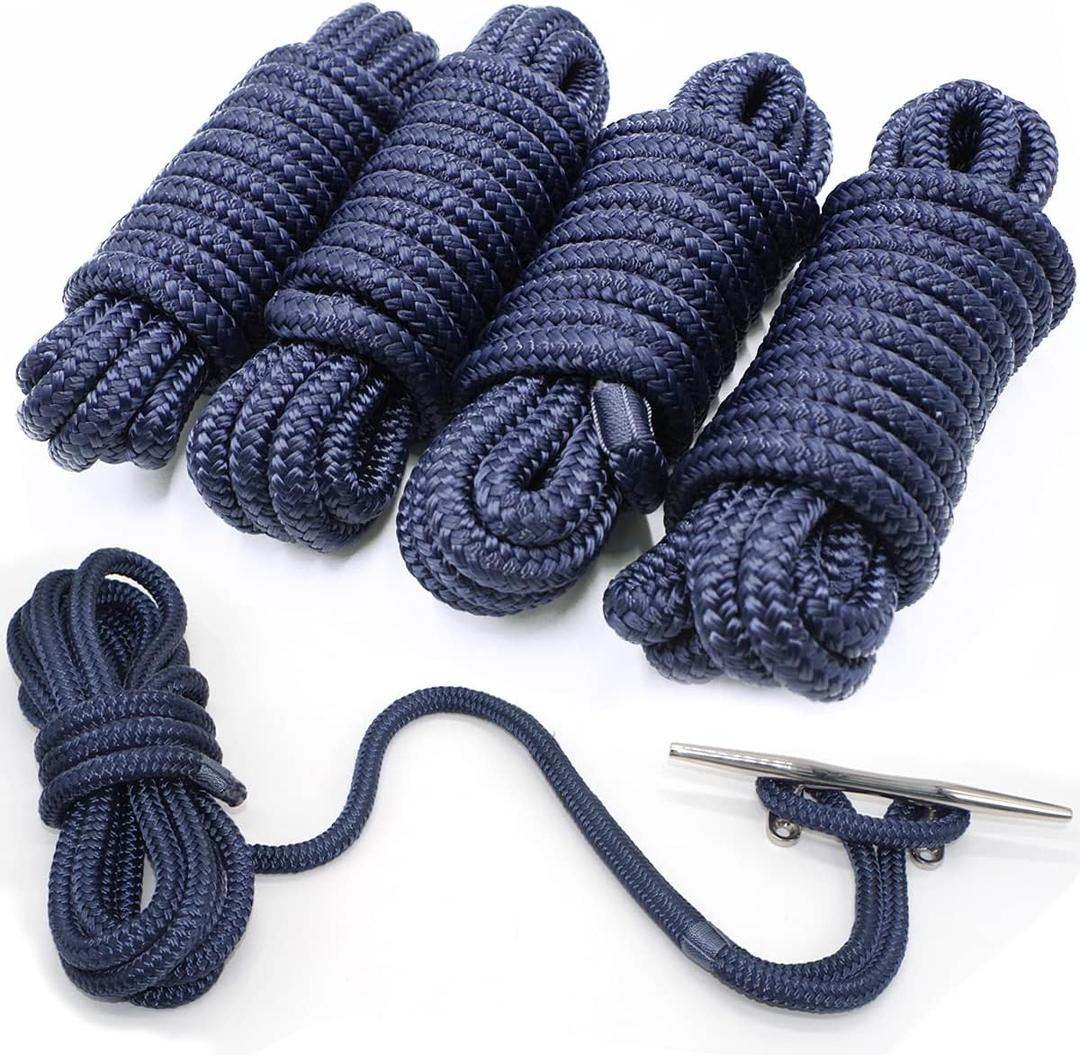 4 Pack 1/2 X 15 Dock Lines|Marine-Grade Double-Braided Nylon Dock Line with 12 Eyelet.Hi-Performance Boat Rope Mooring Rope Dock Line Navy Blue