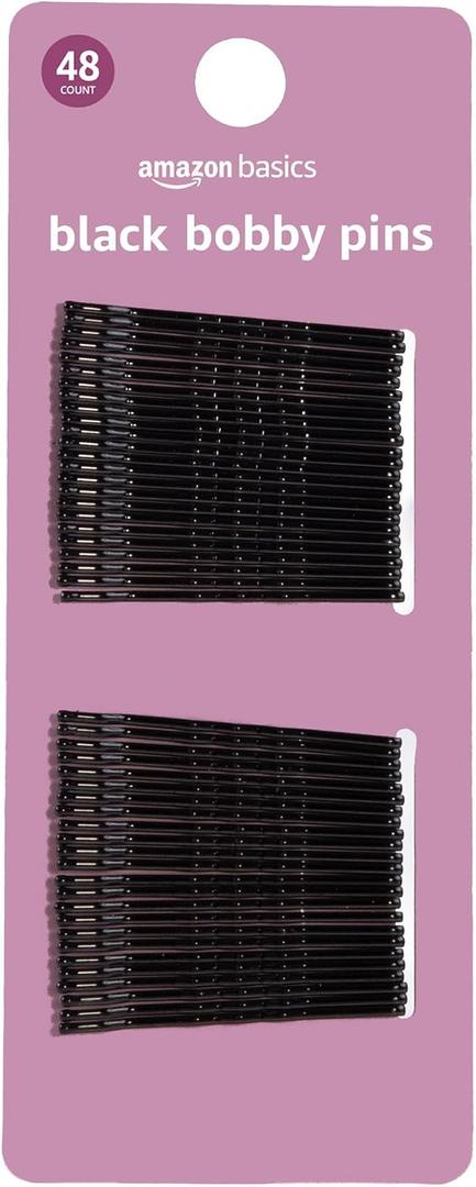 4 x Amazon Basics No Slip Bobby Pins, Black High Gloss, 48 Count, for Pain-Free Comfortable All-Day Styling and Updos, All Hair Types