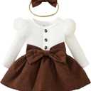 Newborn Baby Girl Spring Outfits Infant Ribbed Romper Dress Ruffle Long Sleeve Clothes Jumpsuit with Bow Headband (6-12 Months, Brown)