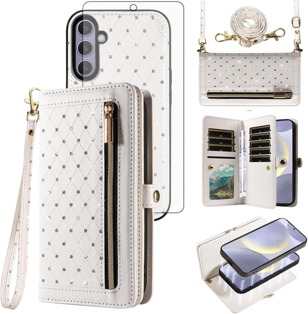 Phone Case for Samsung Galaxy S24 Plus S24+ 5G Zipper Wallet Detachable Magnetic Cell Cover with Screen Protector Crossbody Lanyard Strap Credit Card Holder Slots S24plus 24S + S 24 24+ Women White Phone Case for Samsung Galaxy S24 Plus S24+ 5G Zipper Wallet Detachable Magnetic Cell Cover with Screen Protector Crossbody Lanyard Strap Credit Card Holder Slots S24plus 24S + S 24 24+ Women White