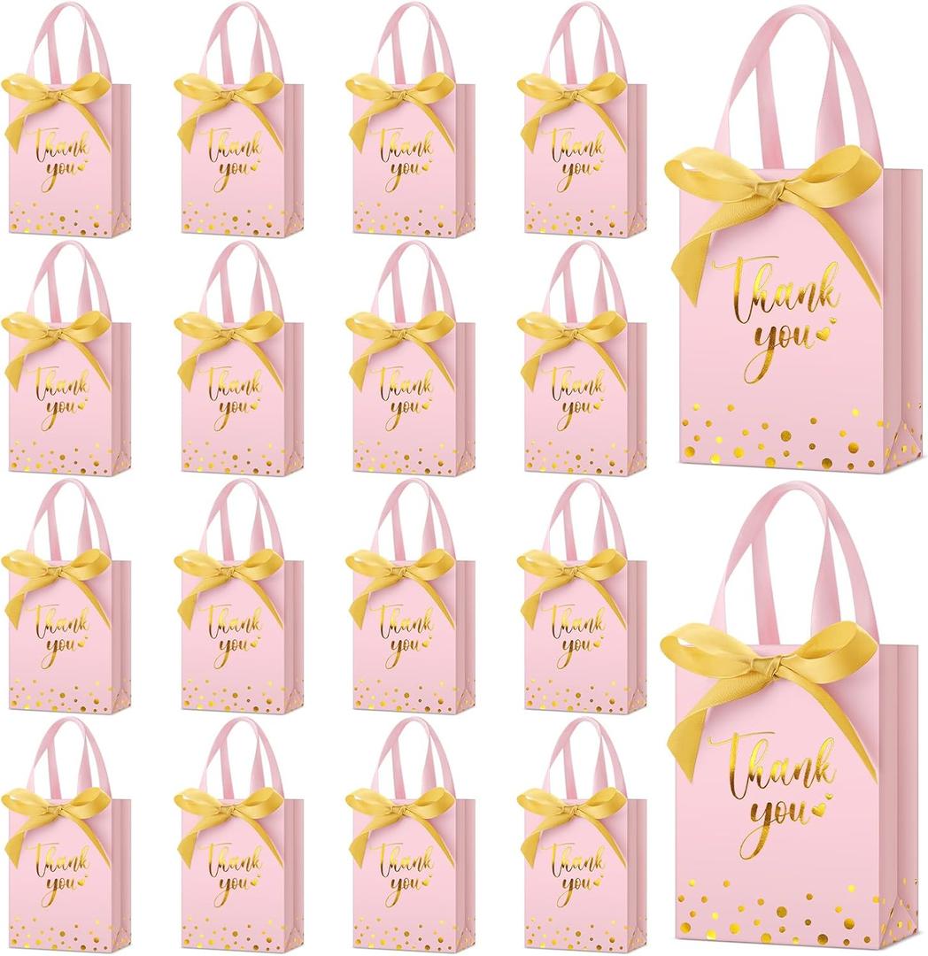 Kolldenn 36 Pack Small Thank You Gift Bags with Handles 5.9 x 4.3 x 2.4 inches Party Favor Bags Bulk with Bow Ribbon for Candy Goodie Gift Wedding Graduation Birthday Bridal Shower (Pink)