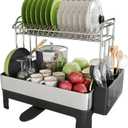 Extra Large Two Tier Stainless Steel Dish Drainer Drying Rack with Drainboard for Kitchen Counter, Modern Black and Silver, Rust Proof Metal, Space Saving Double Countertop Big Plates Dryer and Tray