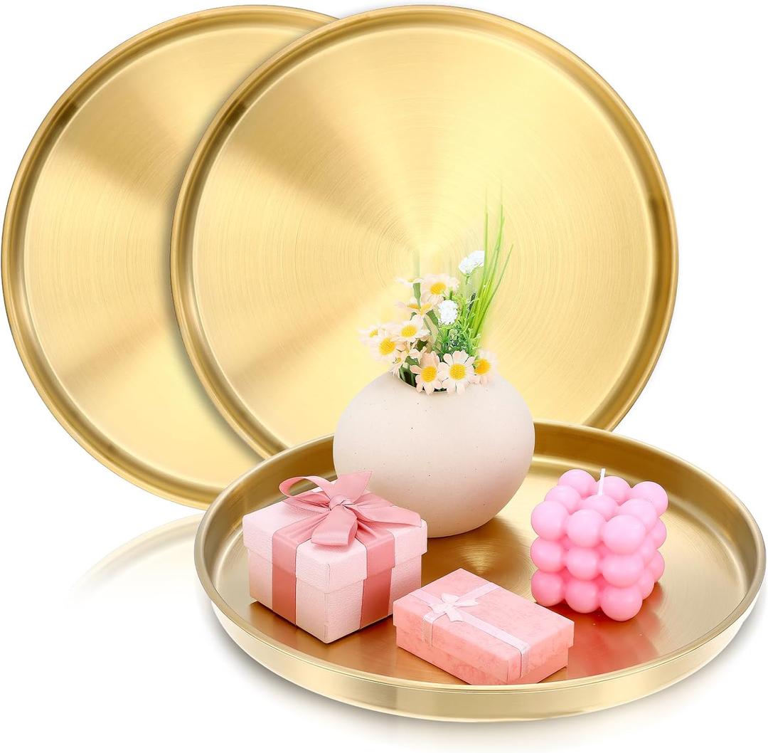 3 Pcs Gold Tray, 12 inch Round Serving Tray Stainless Steel, Bar Circle Decorative Plate, Coffee Table Metal Decor Dishes, Vanity Tray Jewelry Makeup Organizer for Bathroom Candle Perfume